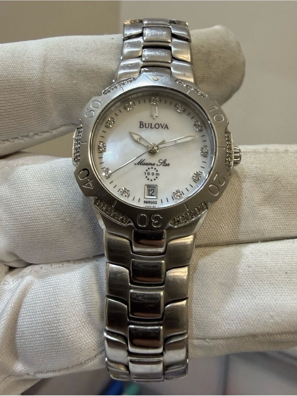Bulova Marine Star 96R002 Womens Diamond Watch Mother of Pearl Stainless Steel